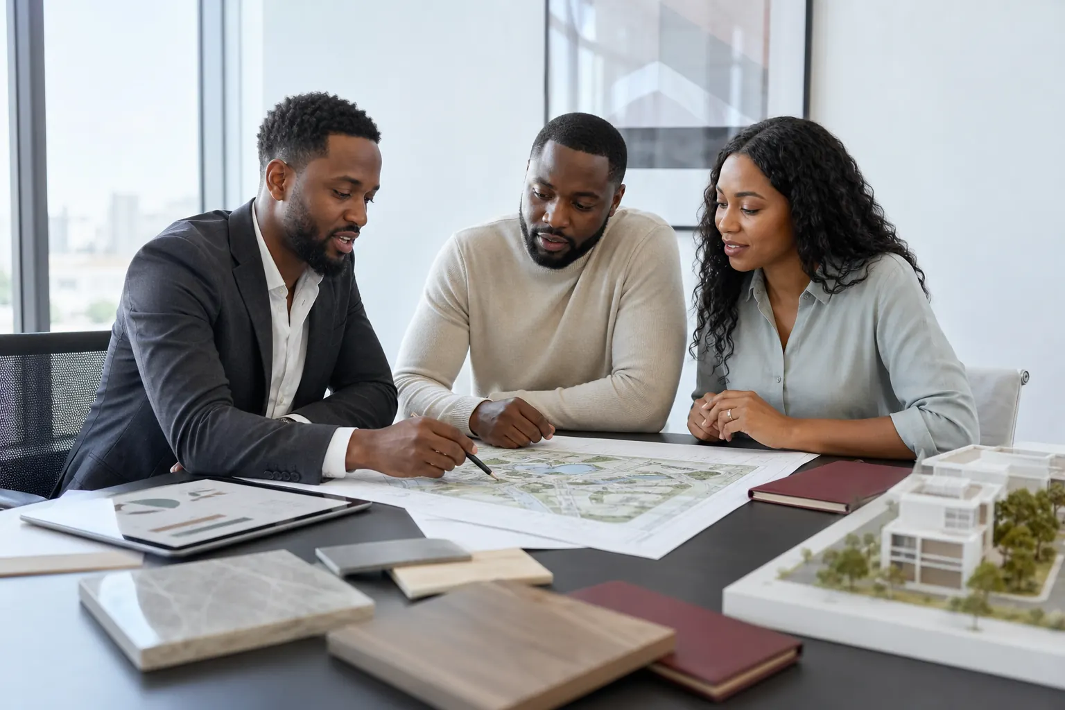 Models reviewing a conceptual property plan with an advisor
