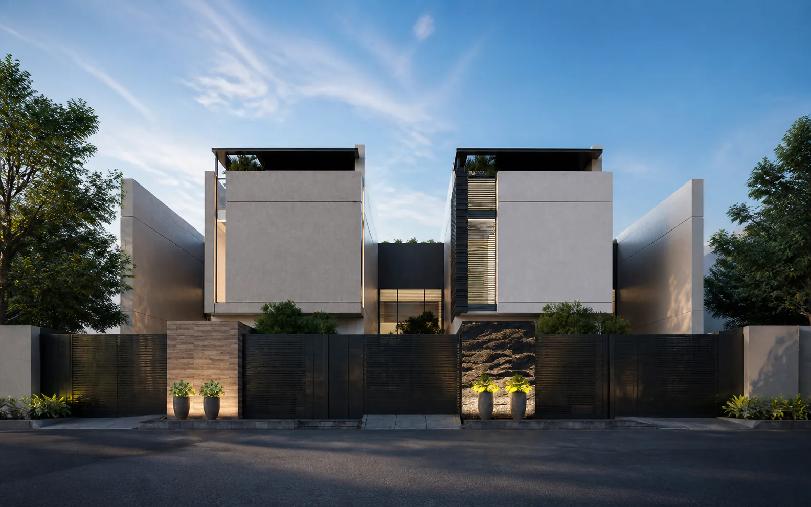 Paired contemporary residences rendering supplied by Nordhaus