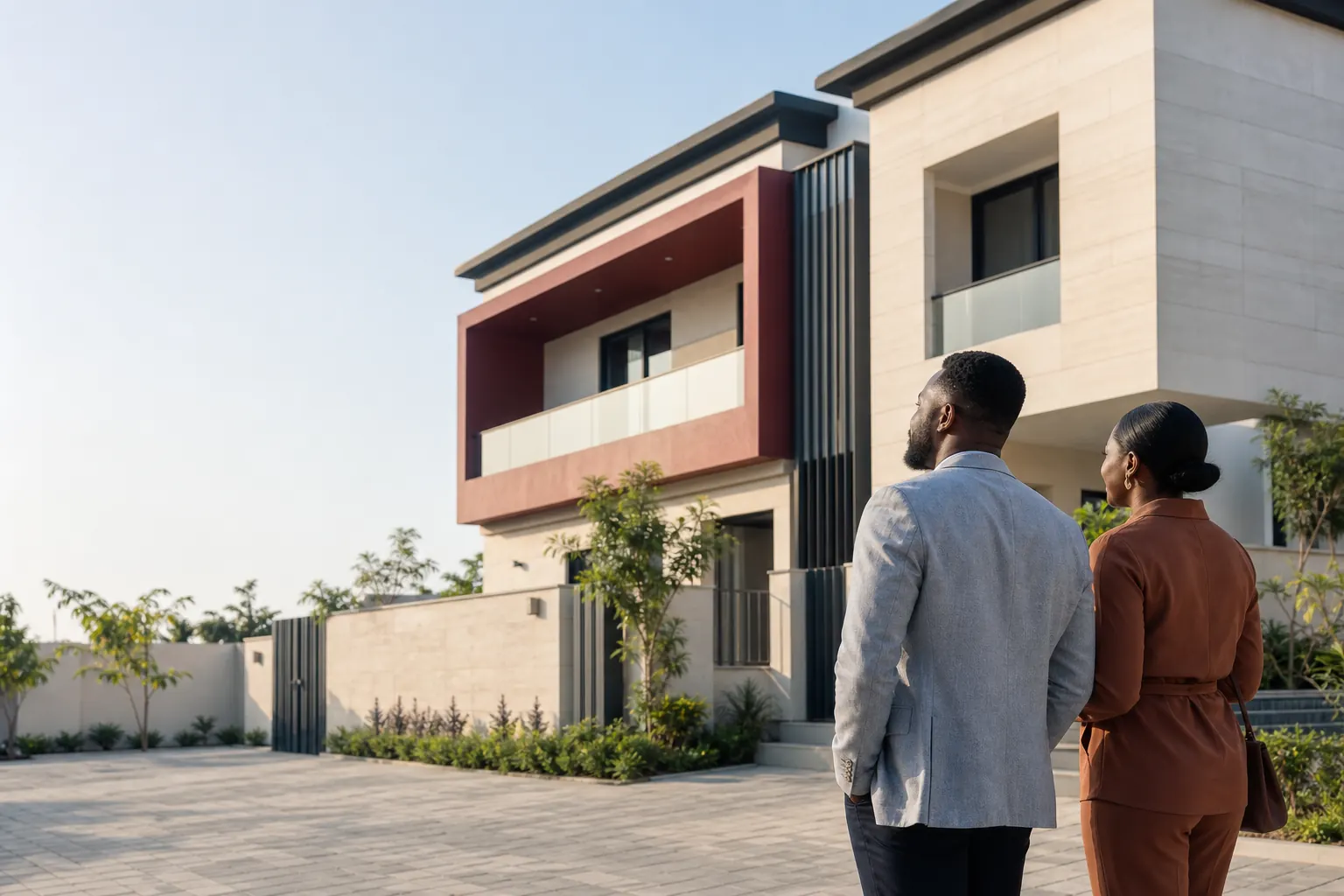 Models outside a contemporary home in a conceptual ownership scene